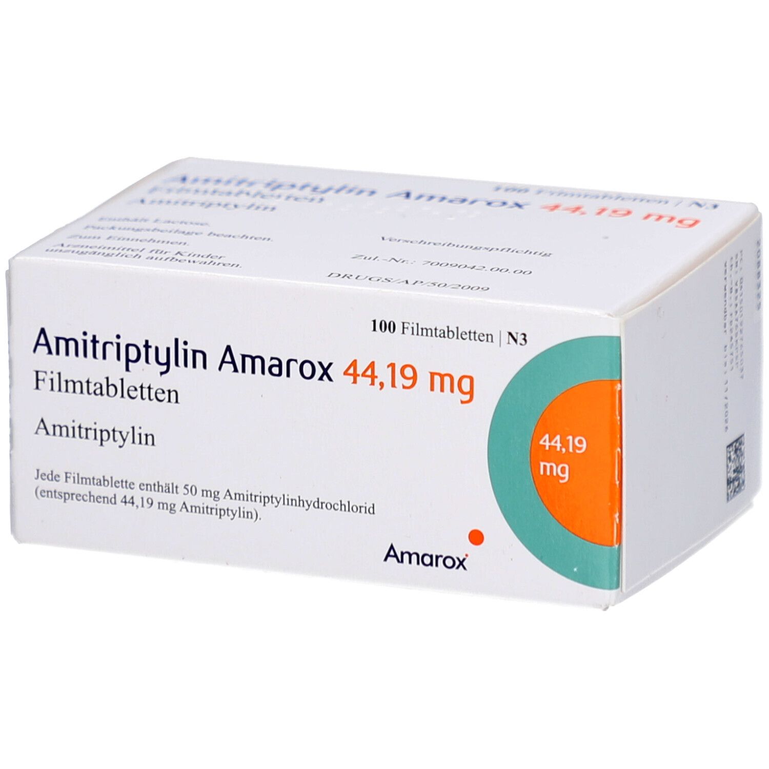 Schachtel mit AMITRIPTYLIN Amarox 44,19 mg Filmtabletten. Aufschrift: 100 Filmtabletten. Logo Amarox. Grün-oranger Kreis.