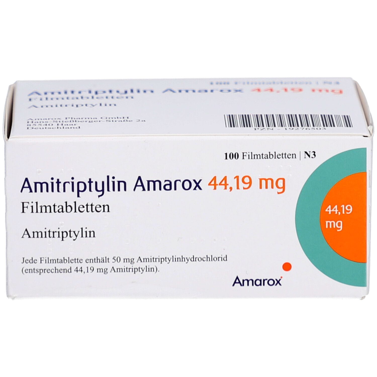 Schachtel mit AMITRIPTYLIN Amarox 44,19 mg Filmtabletten. Aufschrift: 100 Filmtabletten. Logo Amarox. Grün-oranger Kreis.