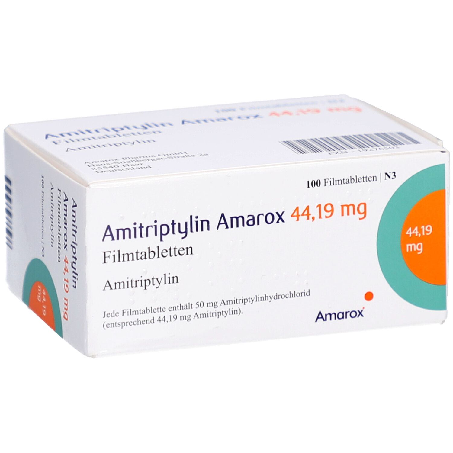 Schachtel mit AMITRIPTYLIN Amarox 44,19 mg Filmtabletten. Aufschrift: 100 Filmtabletten. Logo Amarox. Grün-oranger Kreis.