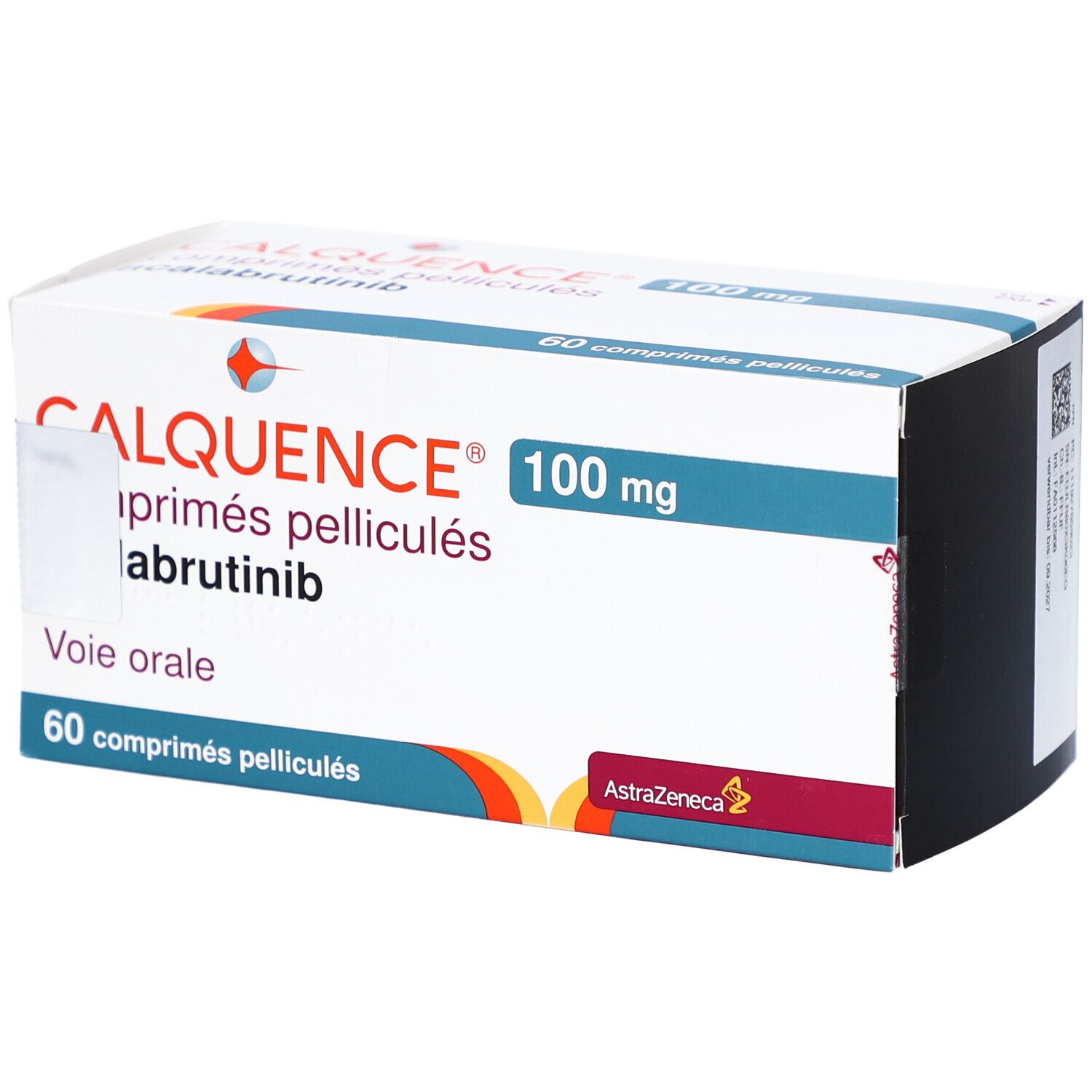 Schachtel CALQUENCE 100 mg Filmtabletten. 60 Tabletten. Aufdruck: CALQUENCE, 100 mg, abrutinib, AstraZeneca Logo.