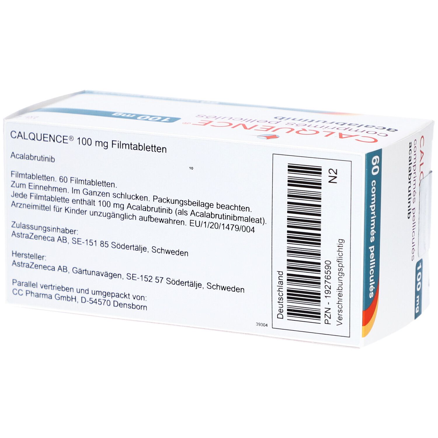 Rückseite einer Schachtel CALQUENCE 100 mg Filmtabletten. Text: CALQUENCE, 100 mg Filmtabletten, 60 Tabletten, AstraZeneca, PZN-19276590.