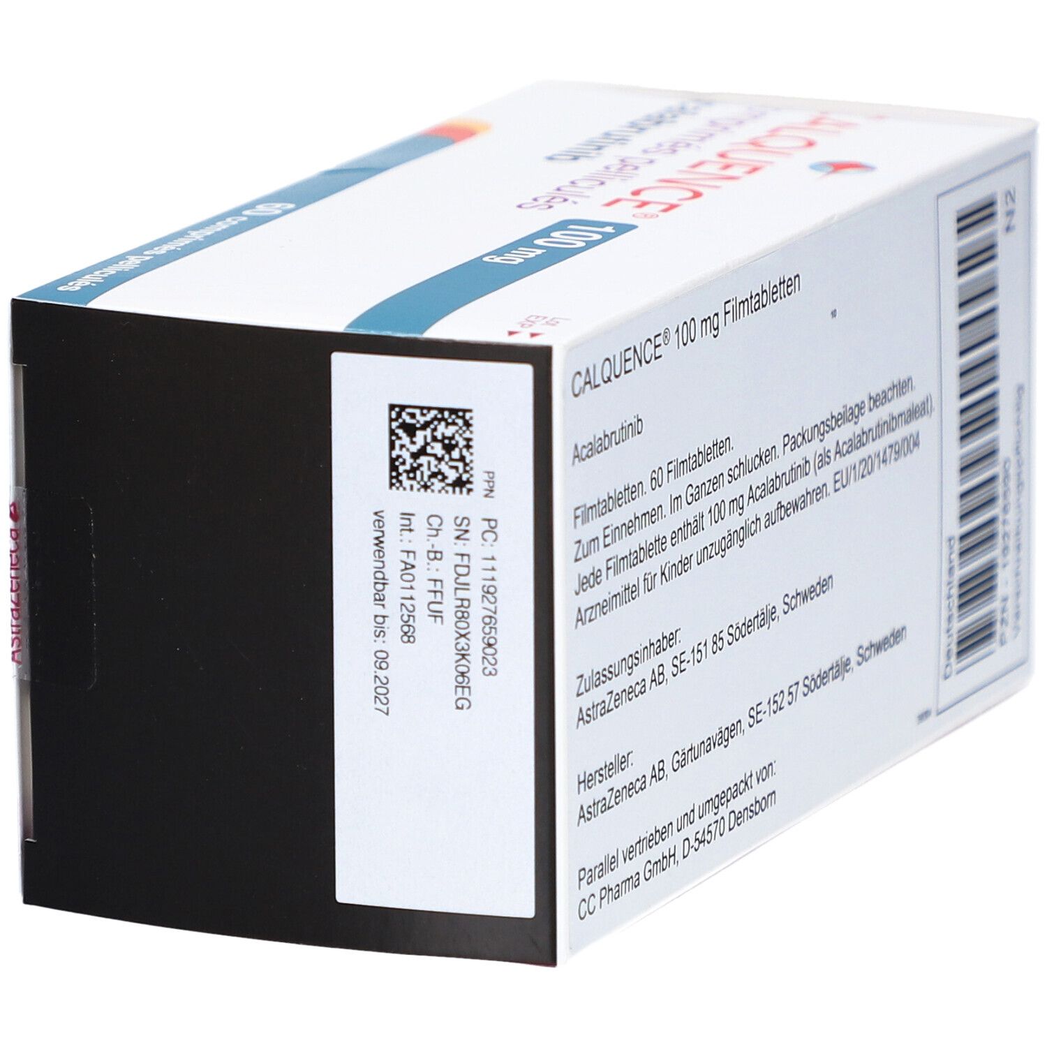 Seitenansicht einer Schachtel CALQUENCE 100 mg Filmtabletten. Text: CALQUENCE, 100 mg Filmtabletten, 60 Tabletten, PZN-19276590.