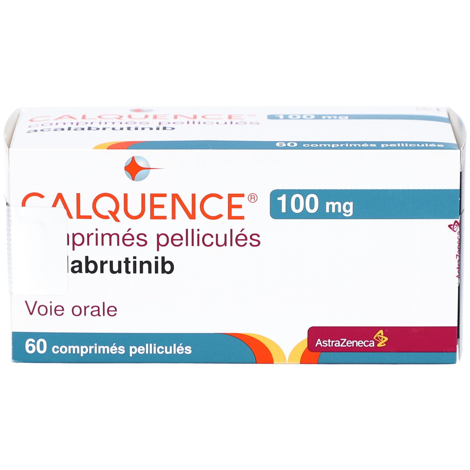 Schachtel CALQUENCE 100 mg Filmtabletten. Aufdruck: CALQUENCE, 100 mg, abrutinib, 60 comprimés pelliculés, AstraZeneca Logo.