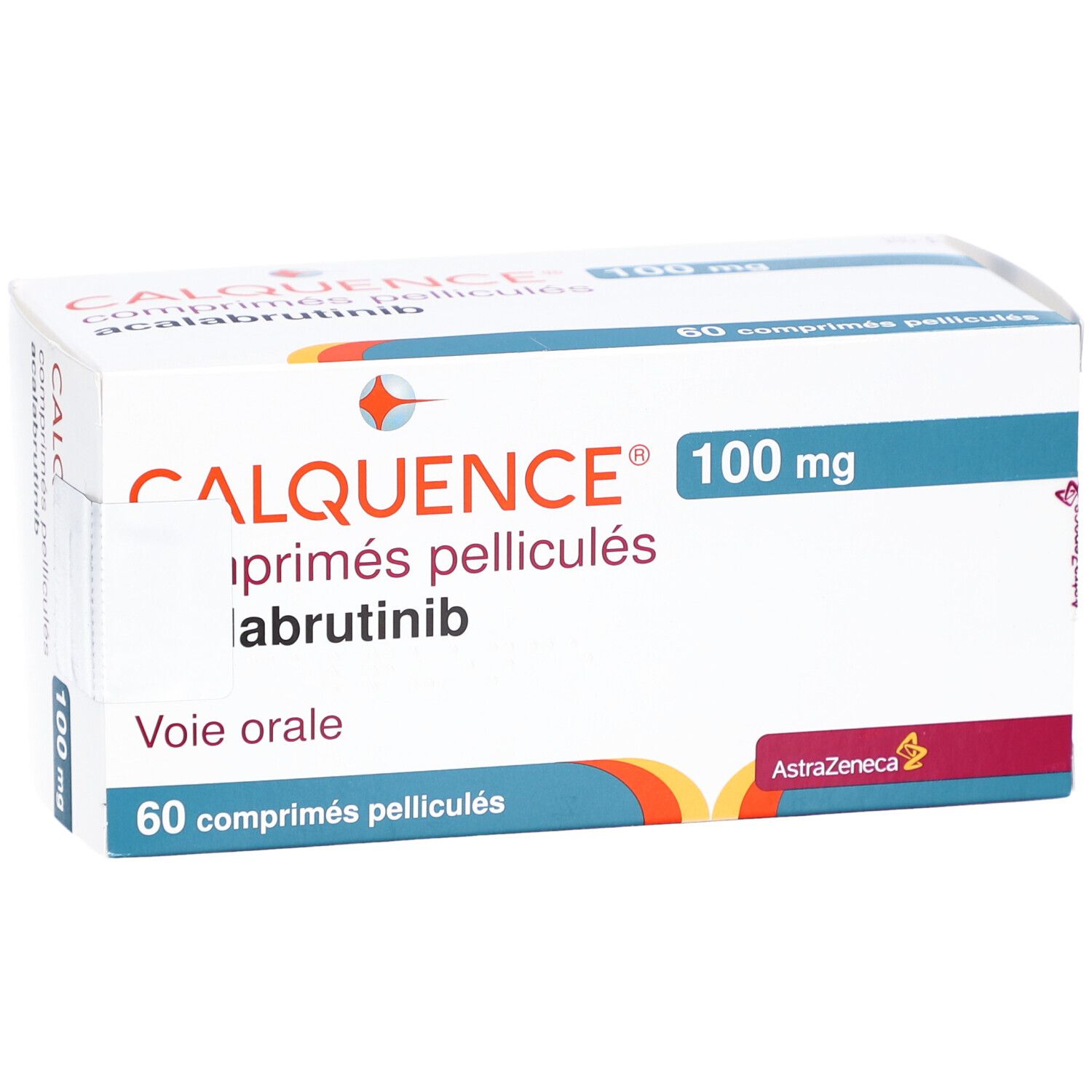Schachtel CALQUENCE 100 mg Filmtabletten. Aufdruck: CALQUENCE, 100 mg, abrutinib, 60 comprimés pelliculés, AstraZeneca Logo.