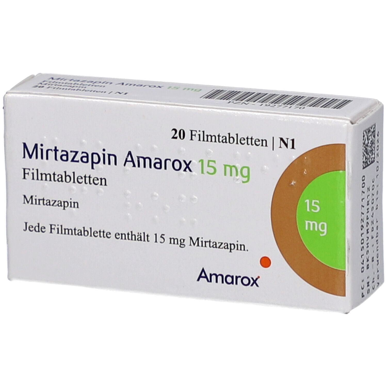 Schachtel mit Mirtazapin Amarox 15 mg Filmtabletten. Aufschrift: 20 Filmtabletten. Brauner Kreis mit 15 mg. Weißer Hintergrund.