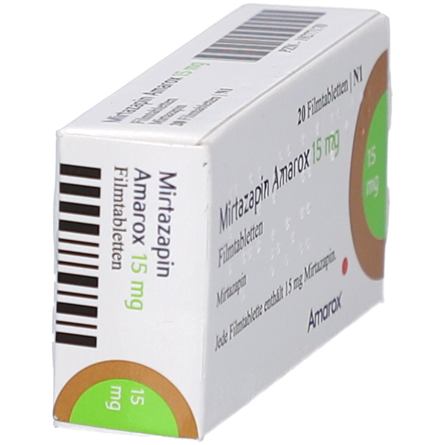 Schachtel Mirtazapin Amarox 15 mg Filmtabletten. Aufschrift: 20 Filmtabletten. Brauner Kreis mit 15 mg. Barcode. Weißer Hintergrund.