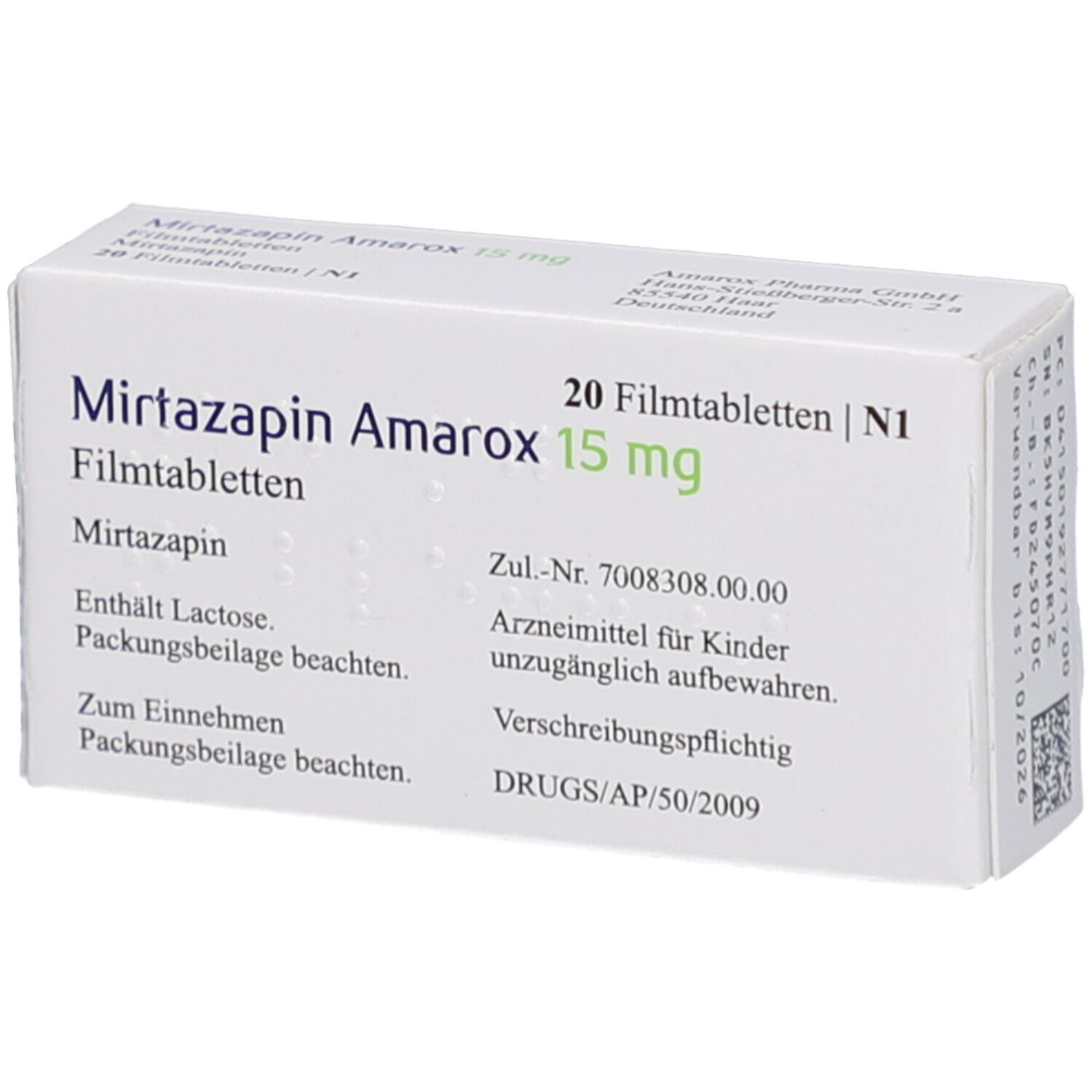 Schachtel Mirtazapin Amarox 15 mg Filmtabletten. Aufschrift: 20 Filmtabletten. Text. Weißer Hintergrund. Zul.-Nr. 7008308.00.00.