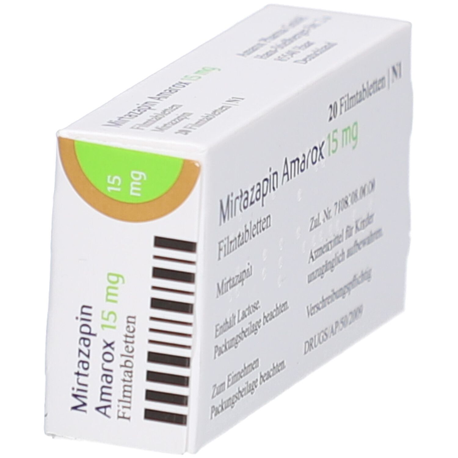 Schachtel Mirtazapin Amarox 15 mg Filmtabletten. Aufschrift: 20 Filmtabletten. Brauner Kreis mit 15 mg. Barcode. Weißer Hintergrund.