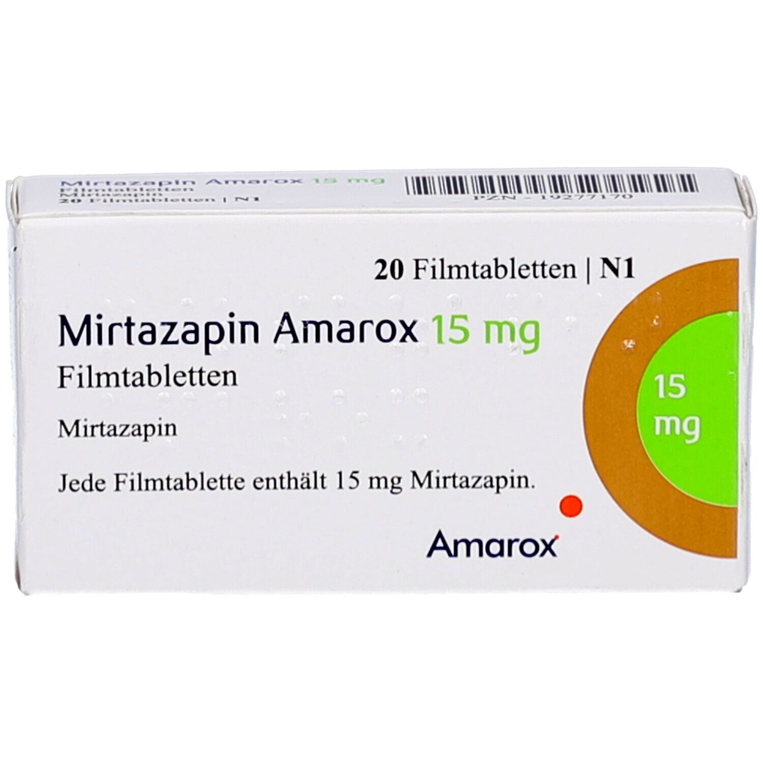 Schachtel mit Mirtazapin Amarox 15 mg Filmtabletten. Aufschrift: 20 Filmtabletten. Brauner Kreis mit 15 mg. Weißer Hintergrund.