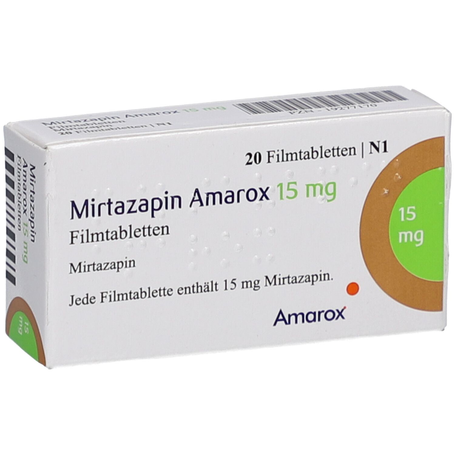 Schachtel mit Mirtazapin Amarox 15 mg Filmtabletten. Aufschrift: 20 Filmtabletten. Brauner Kreis mit 15 mg. Weißer Hintergrund.