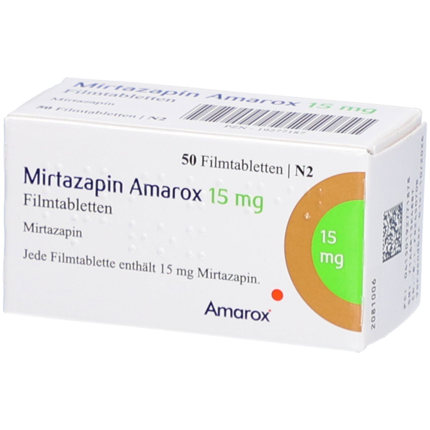 Schachtel mit MIRTAZAPIN Amarox 15 mg Filmtabletten. Aufdruck: 50 Filmtabletten, 15 mg. Grün-braunes Kreiselement.