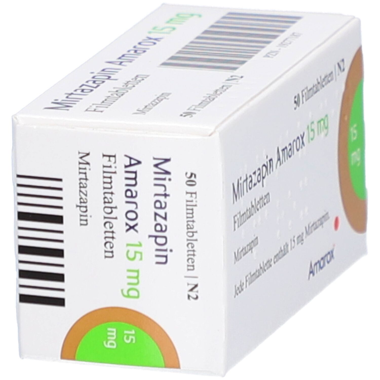 Schachtel MIRTAZAPIN Amarox 15 mg Filmtabletten. Aufdruck: 50 Filmtabletten, 15 mg. Grün-braunes Kreiselement.