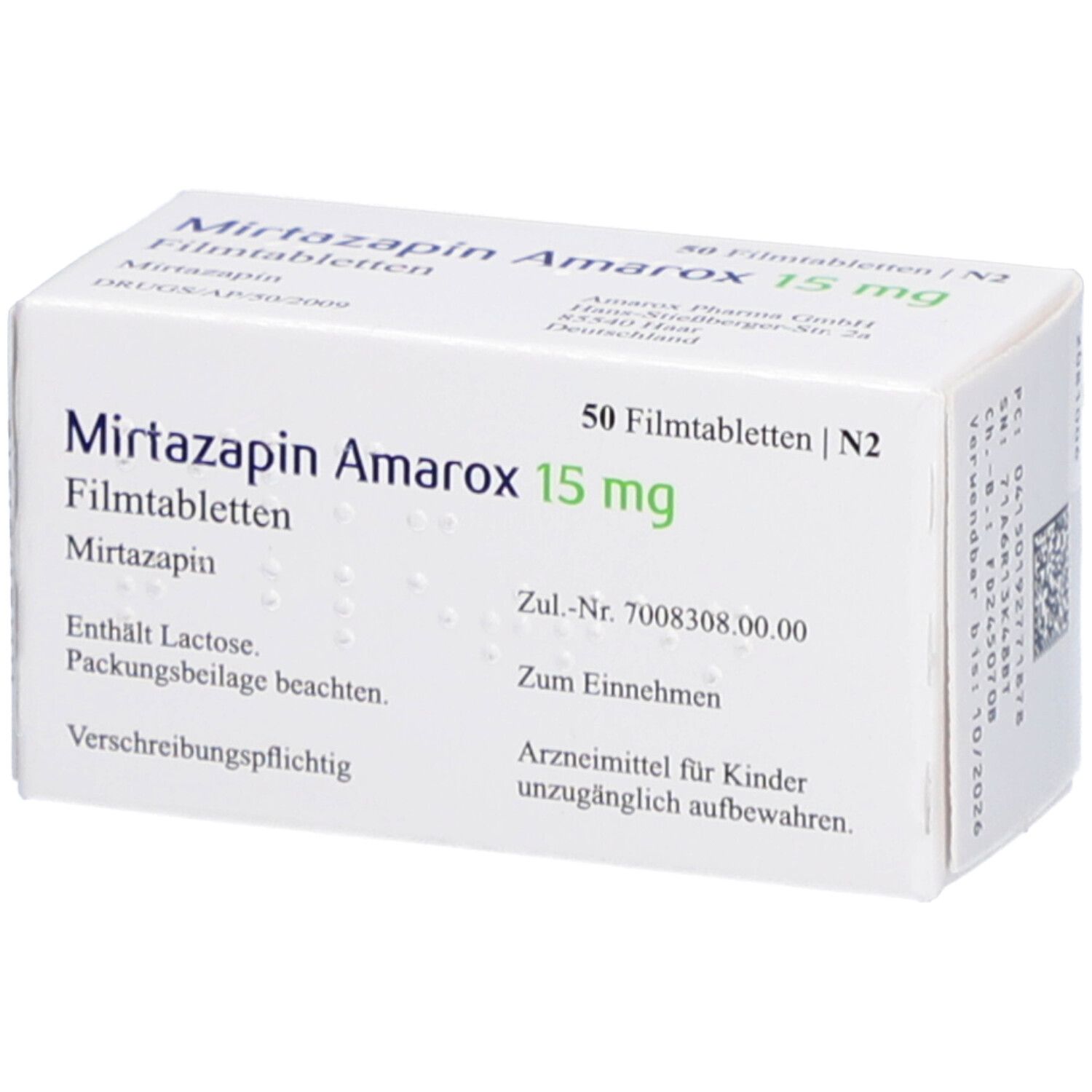 Schachtel MIRTAZAPIN Amarox 15 mg Filmtabletten. Aufdruck: 50 Filmtabletten, 15 mg. Text und Zulassungsnummer.