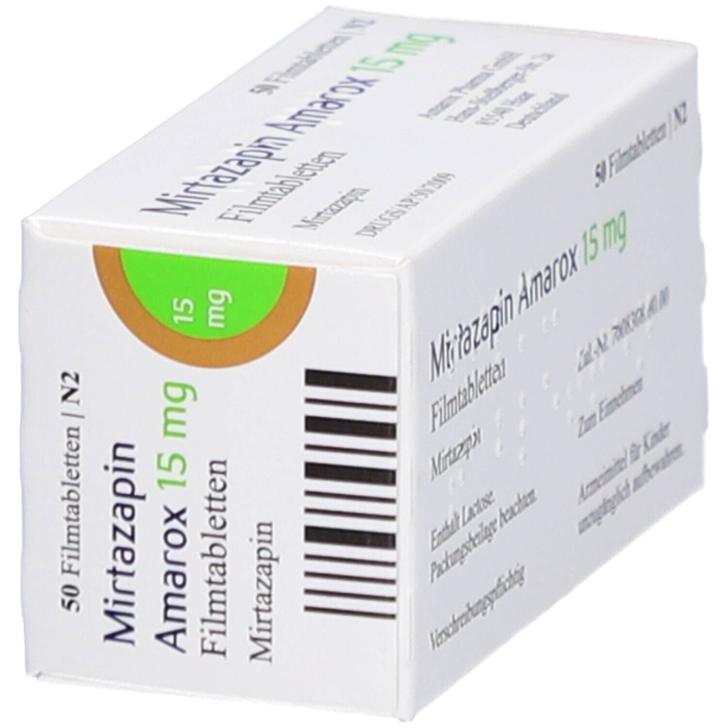 Schachtel MIRTAZAPIN Amarox 15 mg Filmtabletten. Aufdruck: 50 Filmtabletten, 15 mg. Grün-braunes Kreiselement.