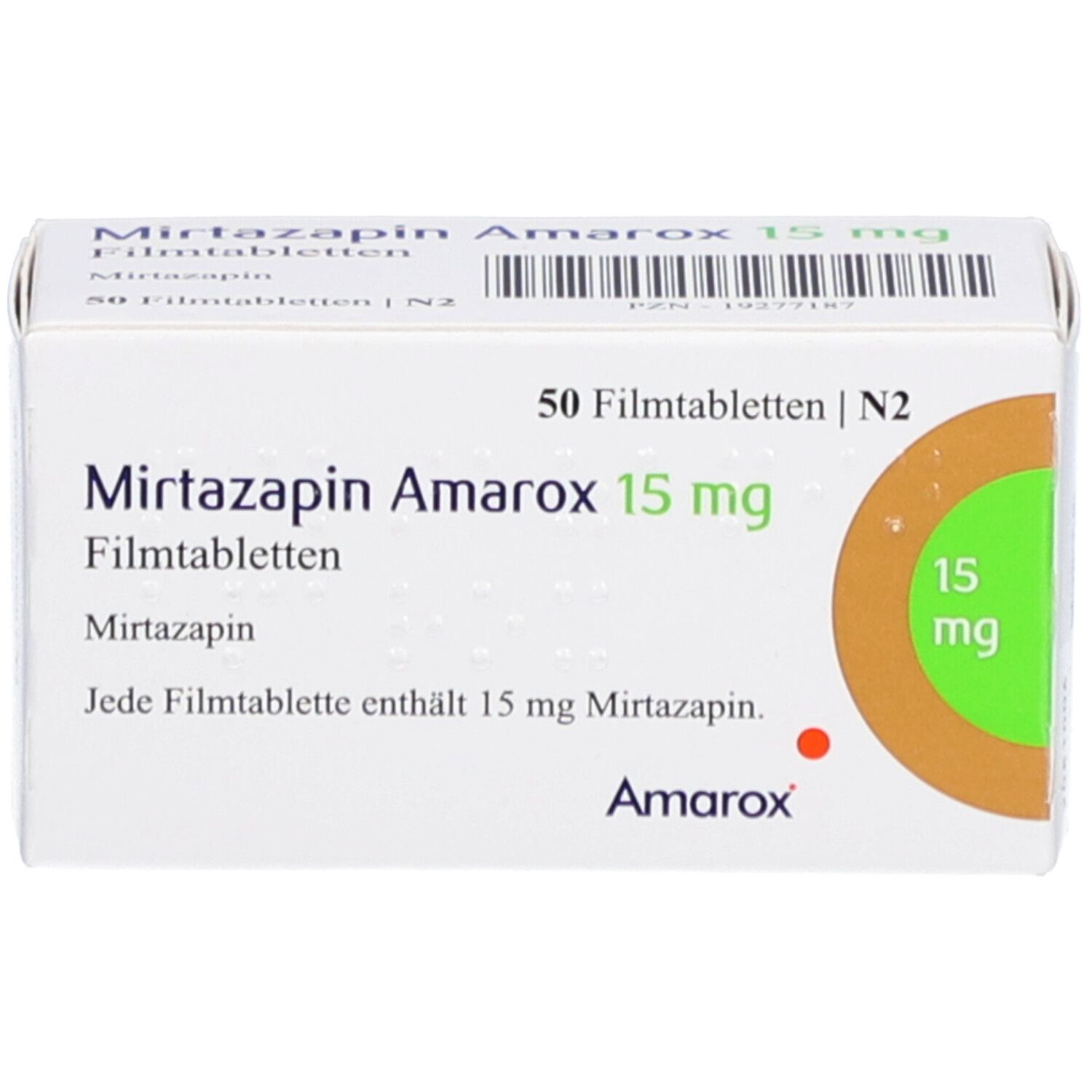 Schachtel MIRTAZAPIN Amarox 15 mg Filmtabletten. Aufdruck: 50 Filmtabletten, 15 mg. Grün-braunes Kreiselement.