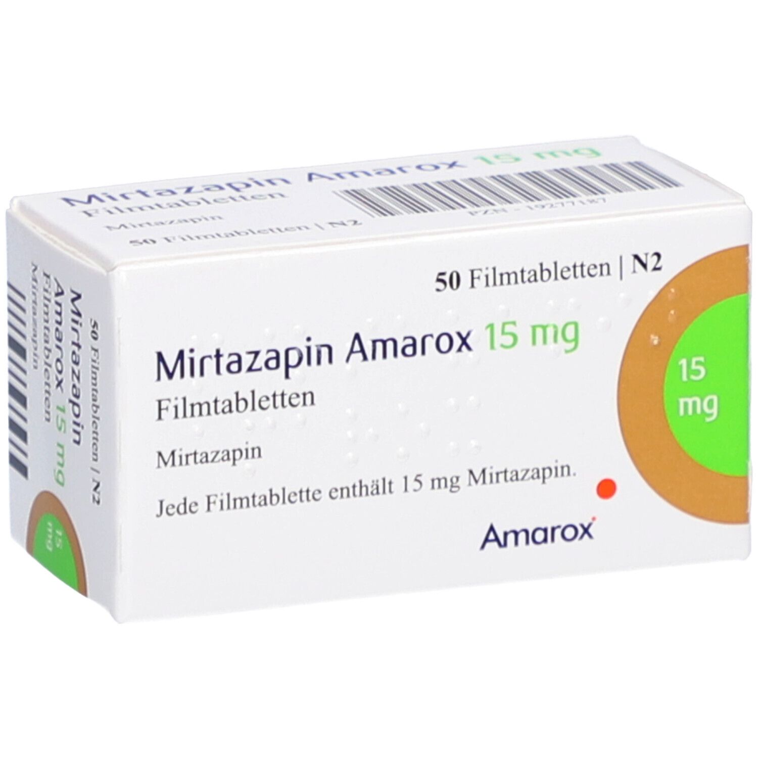 Schachtel MIRTAZAPIN Amarox 15 mg Filmtabletten. Aufdruck: 50 Filmtabletten, 15 mg. Grün-braunes Kreiselement.