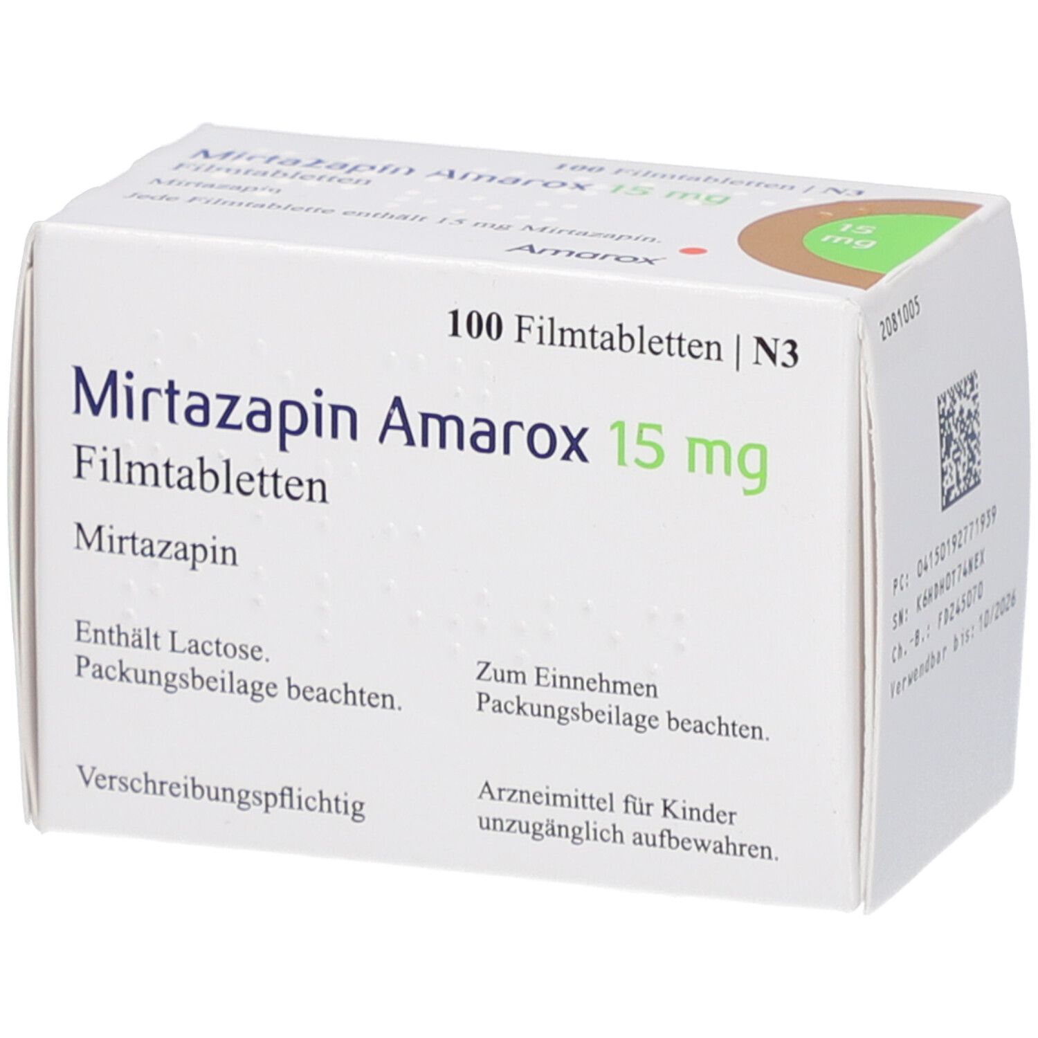 Schachtel mit Mirtazapin Amarox 15 mg Filmtabletten. Enthält 100 Tabletten. Aufschrift: 15 mg, Mirtazapin, Amarox.