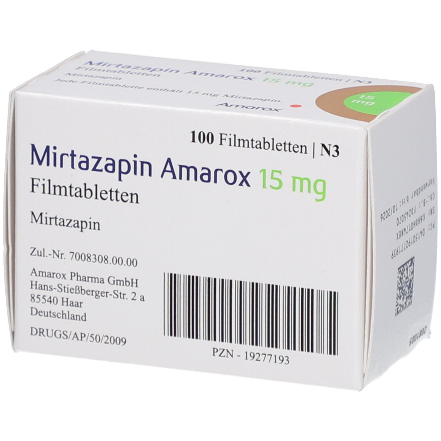 Schachtel mit Mirtazapin Amarox 15 mg Filmtabletten. Aufschrift: 15 mg, Mirtazapin, Amarox, 100 Filmtabletten. Herstelleradresse.