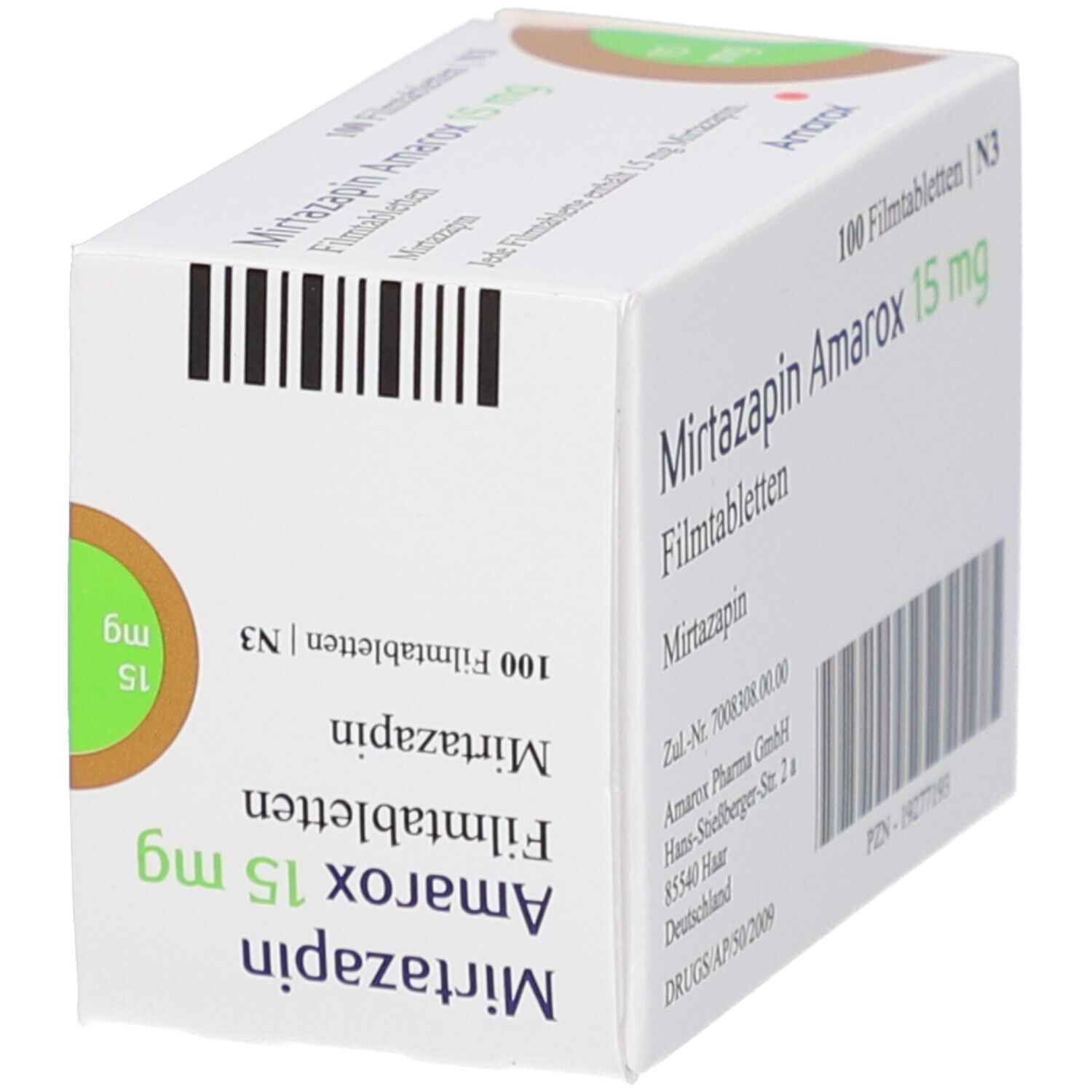 Schachtel mit Mirtazapin Amarox 15 mg Filmtabletten. Aufschrift: 15 mg, Mirtazapin, Amarox, 100 Filmtabletten. Barcode.
