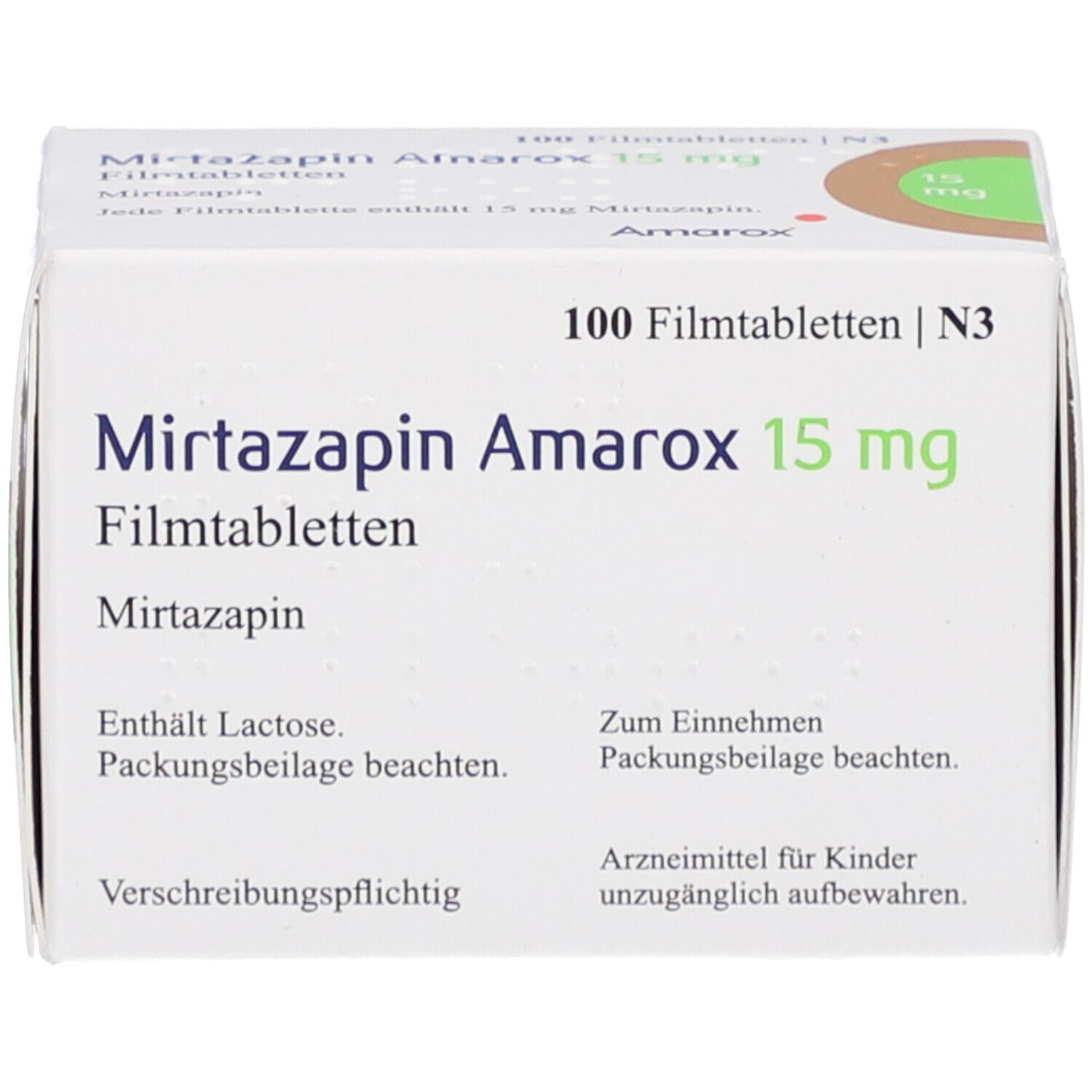 Schachtel mit Mirtazapin Amarox 15 mg Filmtabletten. Aufschrift: 15 mg, Mirtazapin, Amarox, 100 Filmtabletten. Enthält Lactose.