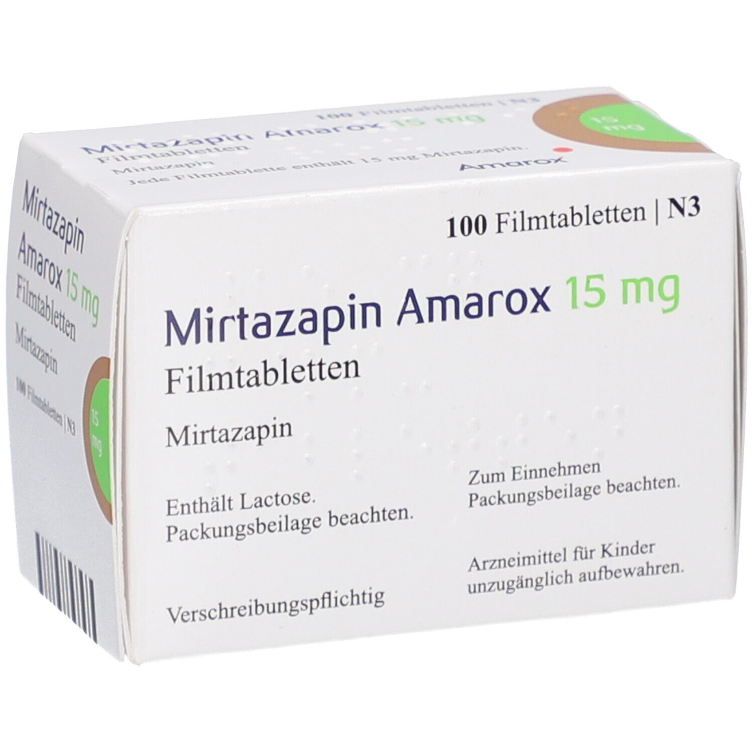 Schachtel mit Mirtazapin Amarox 15 mg Filmtabletten. Aufschrift: 15 mg, Mirtazapin, Amarox, 100 Filmtabletten. Verschreibungspflichtig.