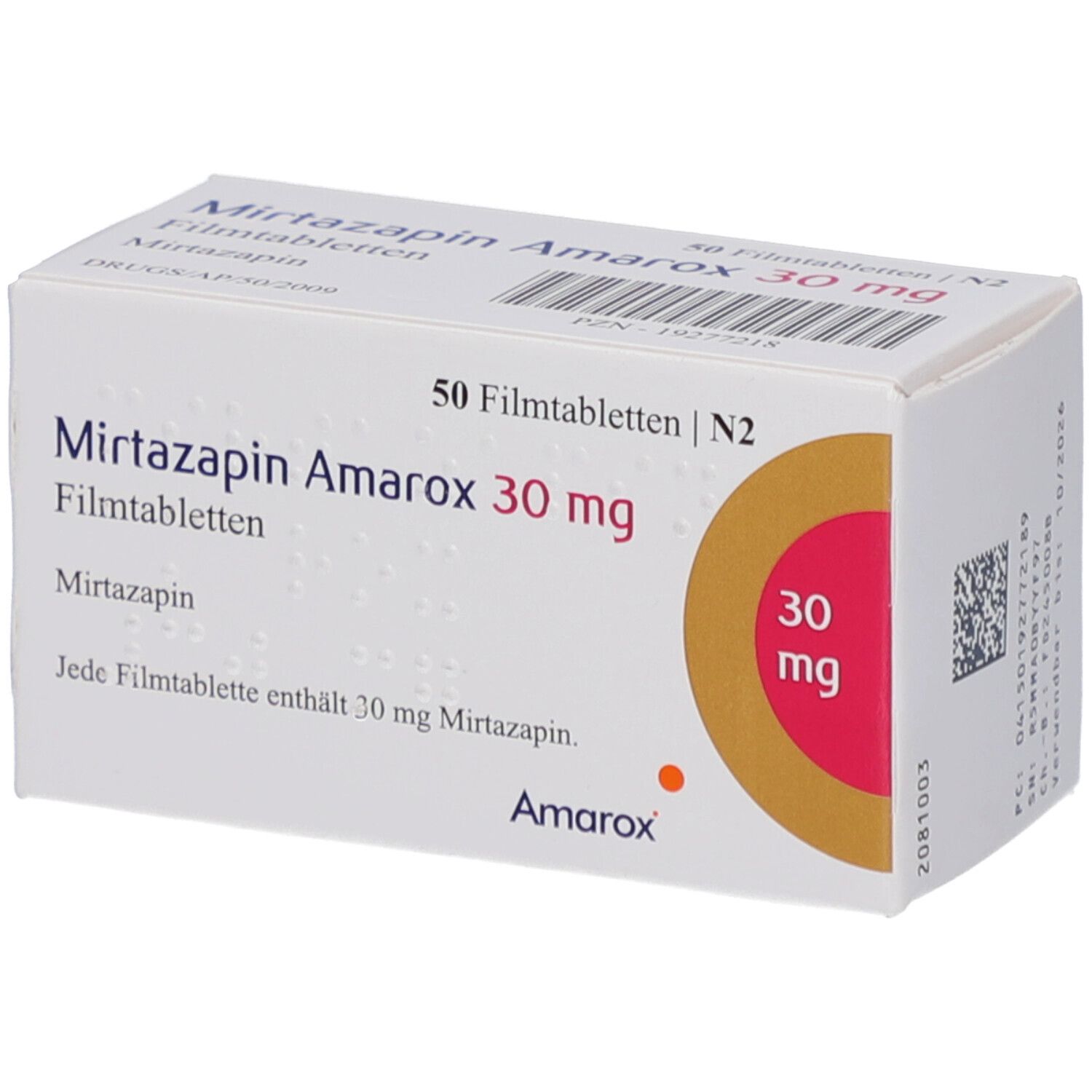 Schachtel mit Mirtazapin Amarox 30 mg Filmtabletten. Aufschrift: 50 Filmtabletten, 30 mg. Orangefarbener Kreis.