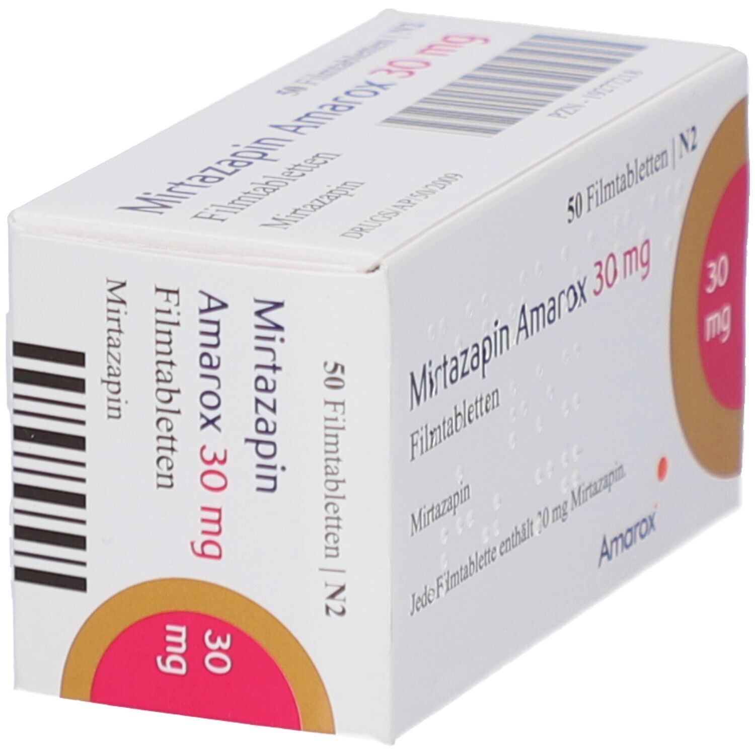 Schräg gestellte Schachtel mit Mirtazapin Amarox 30 mg Filmtabletten. Aufschrift: 50 Filmtabletten, 30 mg. Orangefarbener Kreis.
