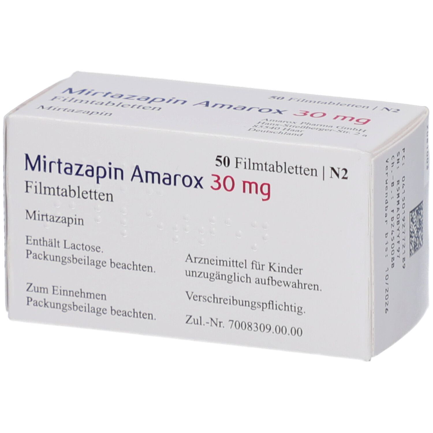Schachtel mit Mirtazapin Amarox 30 mg Filmtabletten. Aufschrift: 50 Filmtabletten, 30 mg. Enthält Lactose. Rezeptpflichtig.