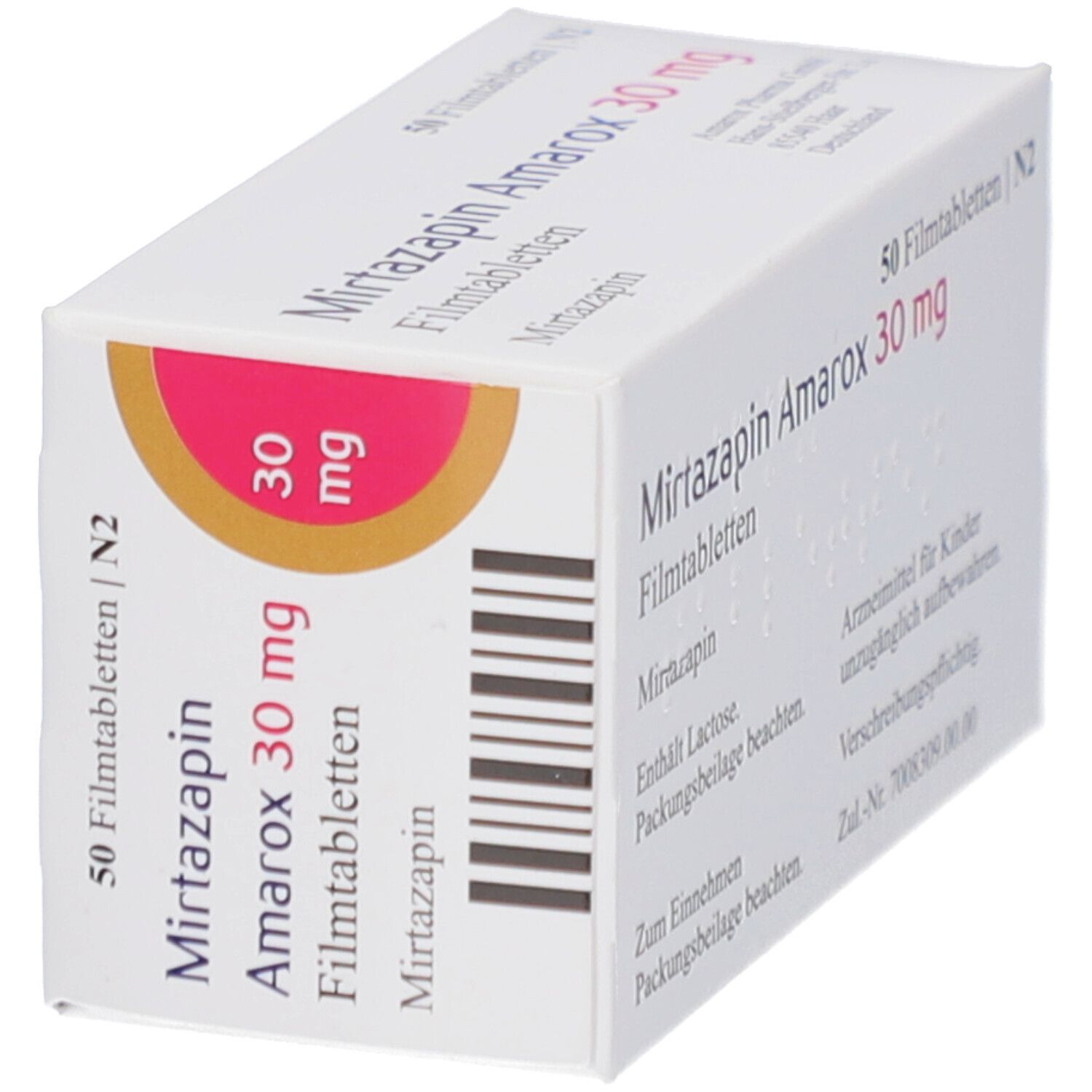 Schräg gestellte Schachtel mit Mirtazapin Amarox 30 mg Filmtabletten. Aufschrift: 50 Filmtabletten, 30 mg. Enthält Lactose. Rezeptpflichtig.
