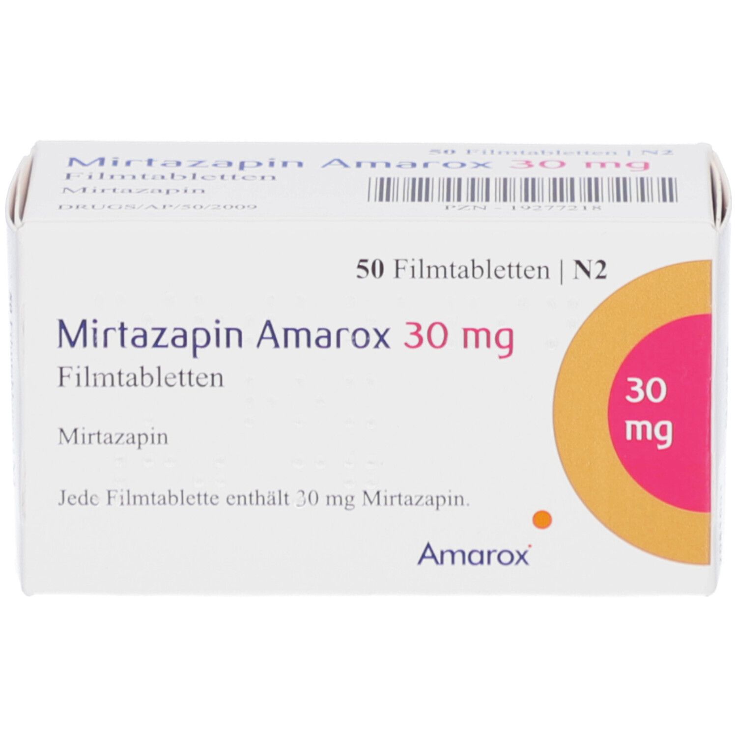 Schachtel mit Mirtazapin Amarox 30 mg Filmtabletten. Aufschrift: 50 Filmtabletten, 30 mg. Orangefarbener Kreis mit 30 mg.