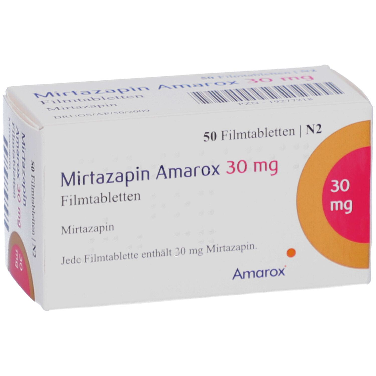 Schachtel mit Mirtazapin Amarox 30 mg Filmtabletten. Aufschrift: 50 Filmtabletten, 30 mg. Orangefarbener Kreis mit 30 mg.
