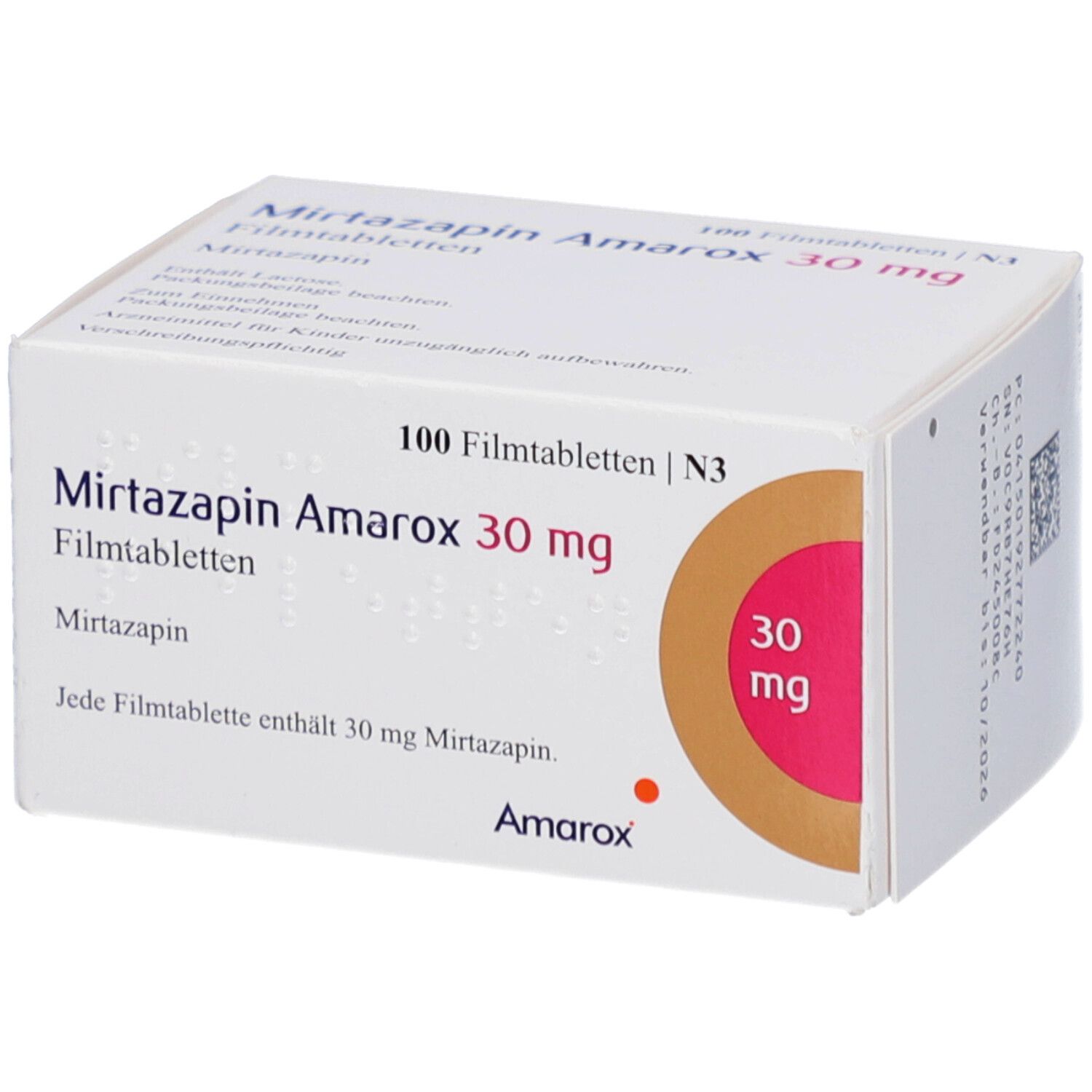 Schachtel mit "Mirtazapin Amarox 30 mg Filmtabletten". Aufdrucke: 100 Filmtabletten, 30 mg, Amarox Logo.