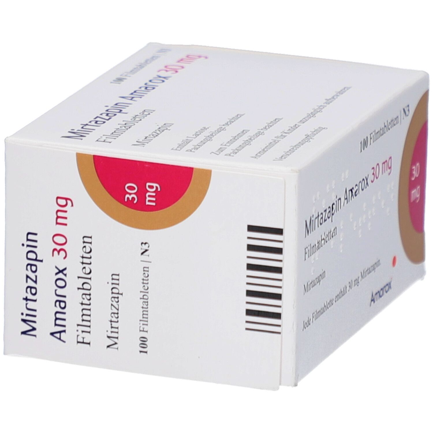 Schachtel "Mirtazapin Amarox 30 mg Filmtabletten". Aufdrucke: 100 Filmtabletten, 30 mg, Amarox Logo. Ansicht von der Seite.