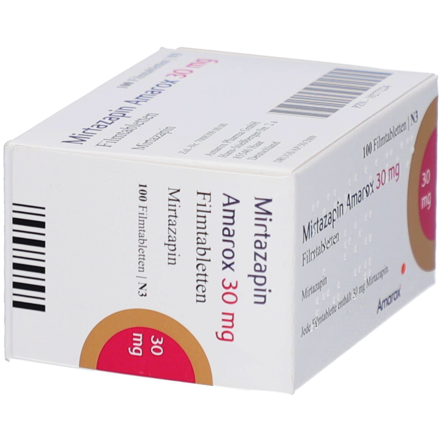 Schachtel "Mirtazapin Amarox 30 mg Filmtabletten". Aufdrucke: 100 Filmtabletten, 30 mg, Amarox Logo. Ansicht von der Seite.