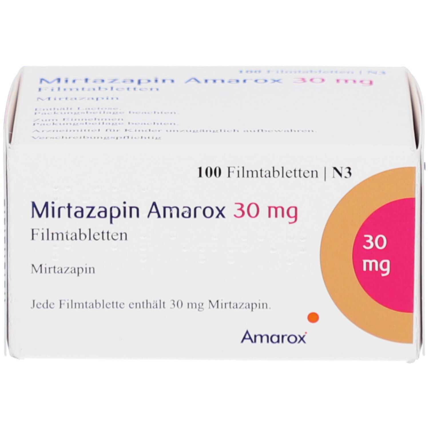 Schachtel "Mirtazapin Amarox 30 mg Filmtabletten". Aufdrucke: 100 Filmtabletten, 30 mg, Amarox Logo.