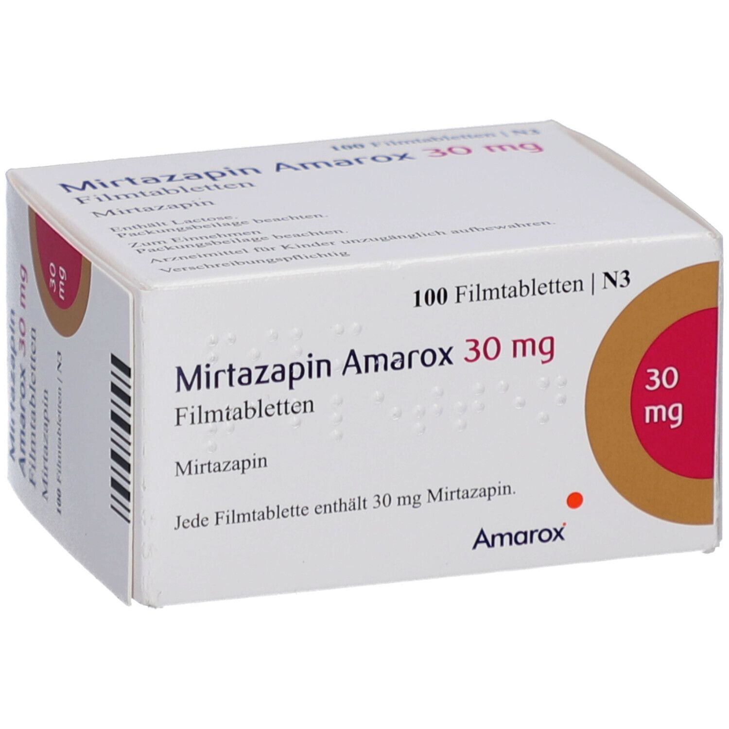 Schachtel "Mirtazapin Amarox 30 mg Filmtabletten". Aufdrucke: 100 Filmtabletten, 30 mg, Amarox Logo.