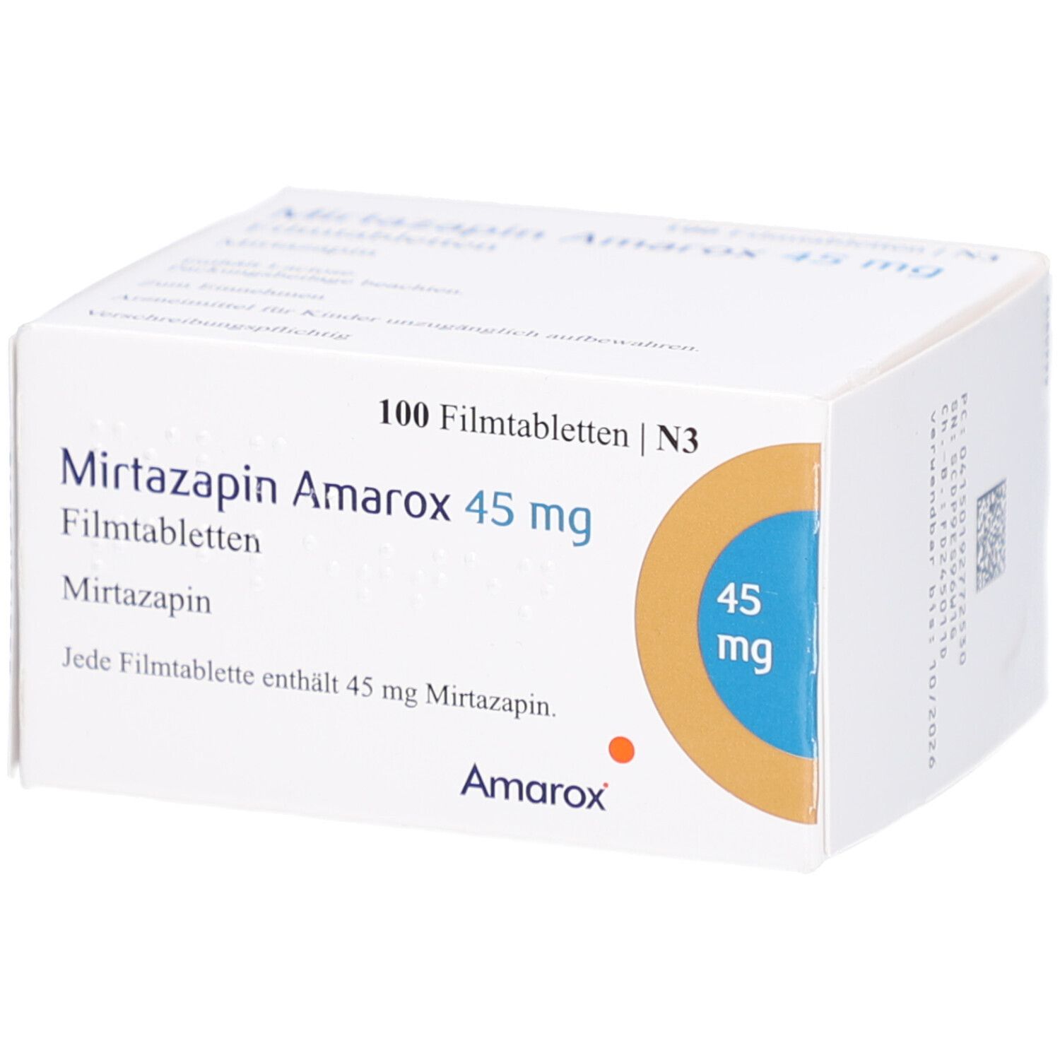 Schachtel mit "Mirtazapin Amarox 45 mg Filmtabletten". Enthält 100 Tabletten. Aufdrucke: "45 mg", "Amarox".