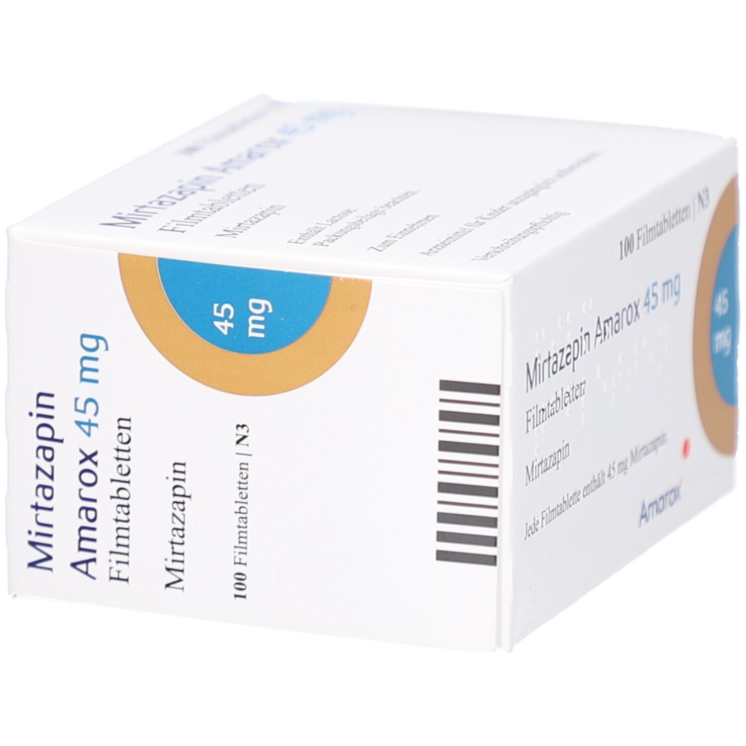Schachtel "Mirtazapin Amarox 45 mg Filmtabletten". Seitenansicht mit Barcode. Aufdrucke: "45 mg", "Amarox".