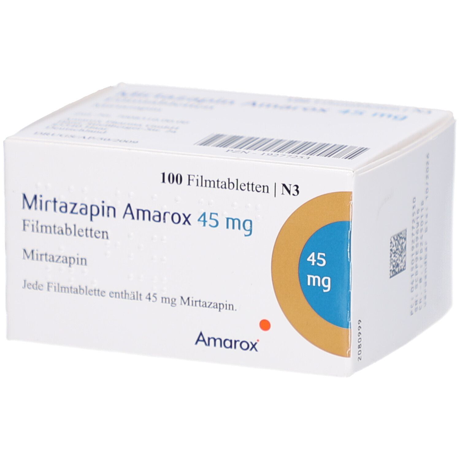 Schachtel "Mirtazapin Amarox 45 mg Filmtabletten". Enthält 100 Tabletten. Aufdrucke: "45 mg", "Amarox".
