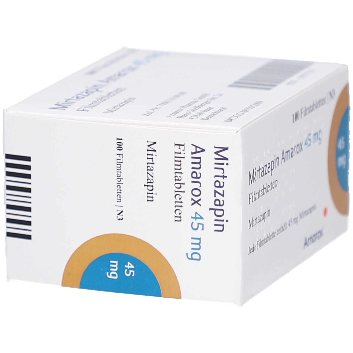 Schachtel "Mirtazapin Amarox 45 mg Filmtabletten". Seitenansicht mit Barcode. Aufdrucke: "45 mg", "Amarox".
