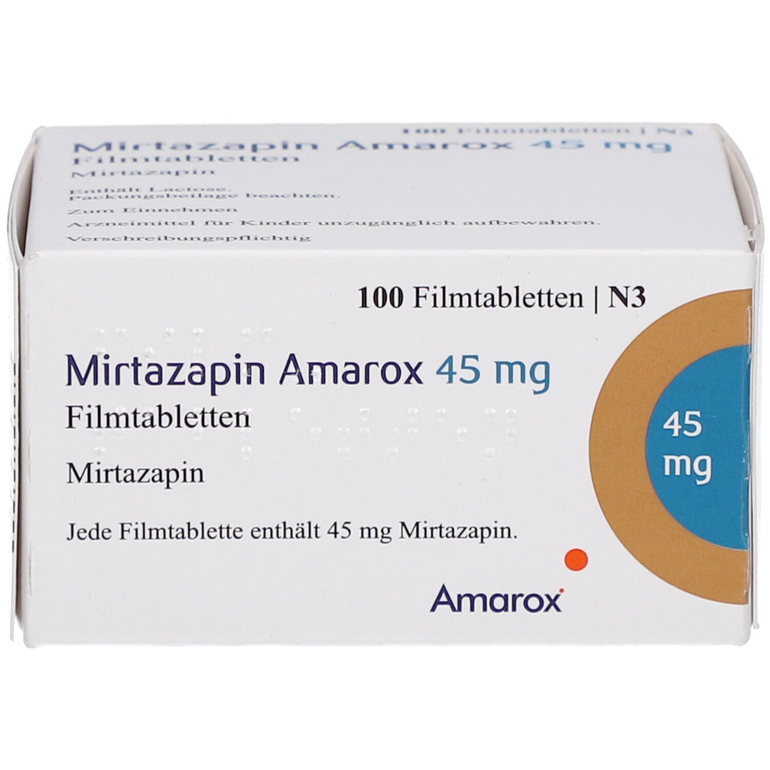Schachtel "Mirtazapin Amarox 45 mg Filmtabletten". Enthält 100 Tabletten. Aufdrucke: "45 mg", "Amarox".