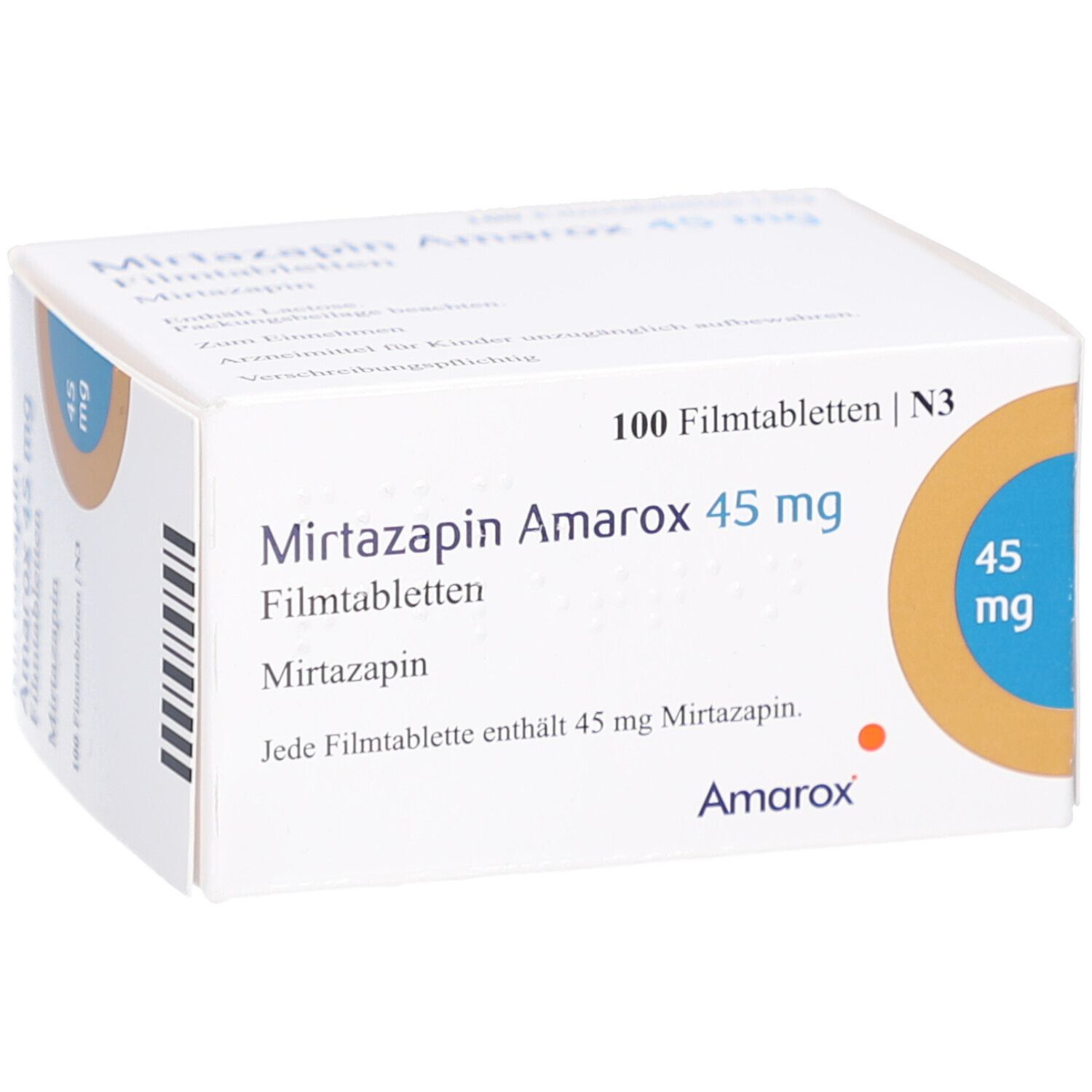 Schachtel "Mirtazapin Amarox 45 mg Filmtabletten". Enthält 100 Tabletten. Aufdrucke: "45 mg", "Amarox".