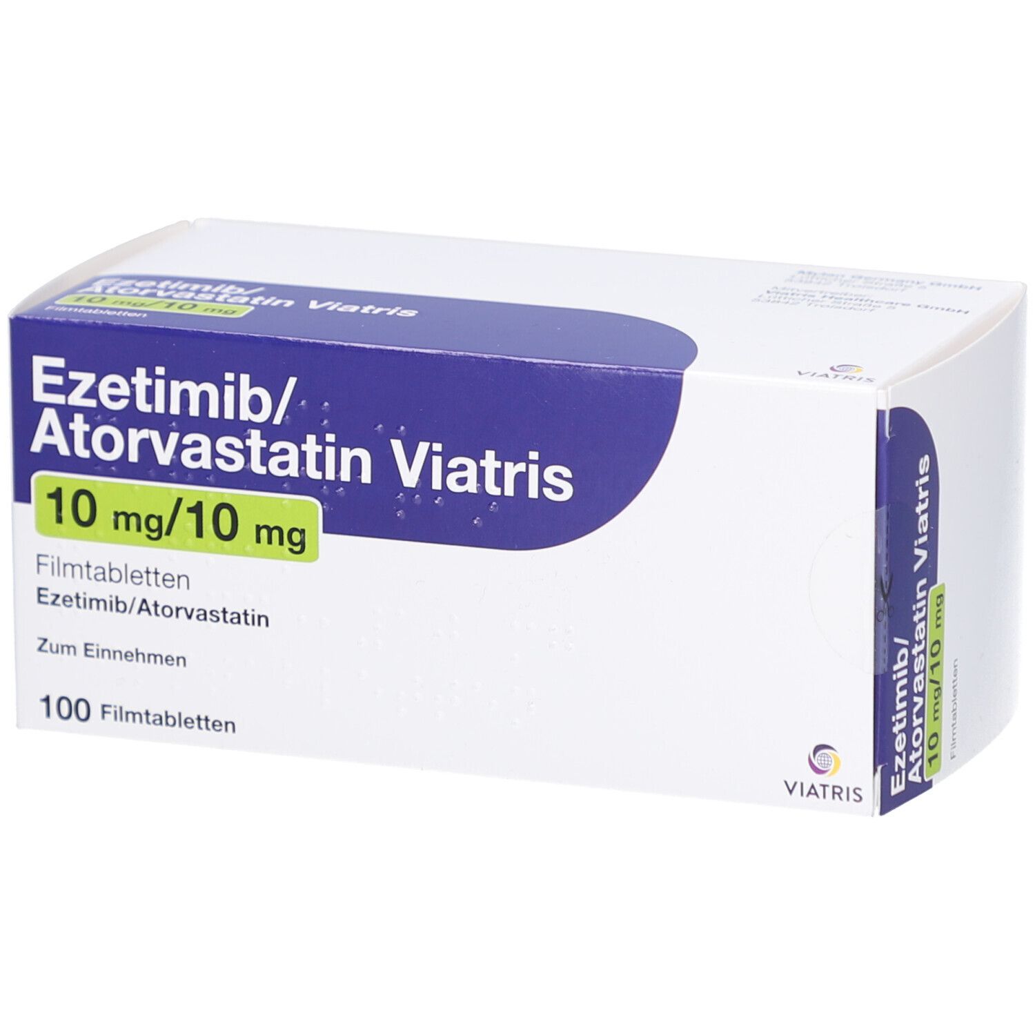 Schachtel mit EZETIMIB/Atorvastatin Viatris 10 mg/10 mg Filmtab. Blaue und weiße Verpackung. Enthält 100 Filmtabletten. Viatris Logo.