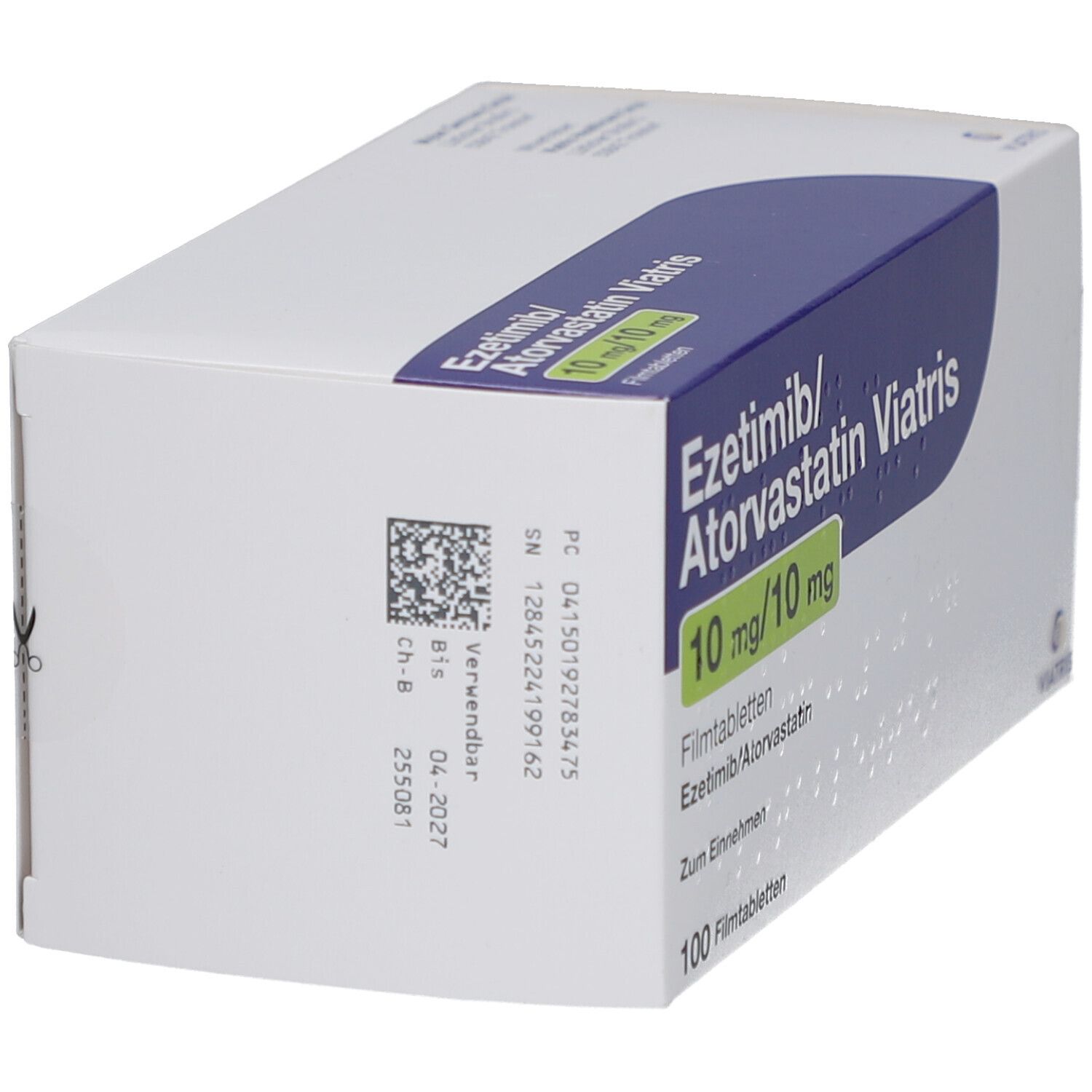 Schachtel EZETIMIB/Atorvastatin Viatris. Weiße Verpackung mit blauem Streifen. Enthält 100 Filmtabletten. QR-Code und Verfallsdatum.