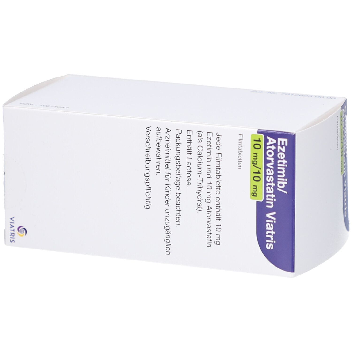 Schachtel EZETIMIB/Atorvastatin Viatris. Weiße Verpackung mit Text. Enthält 100 Filmtabletten. Viatris Logo. Text in Deutsch.