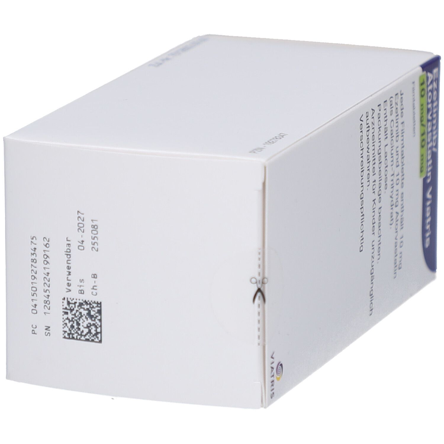 Schachtel EZETIMIB/Atorvastatin Viatris. Weiße Verpackung mit Text. QR-Code und Verfallsdatum. Viatris Logo.