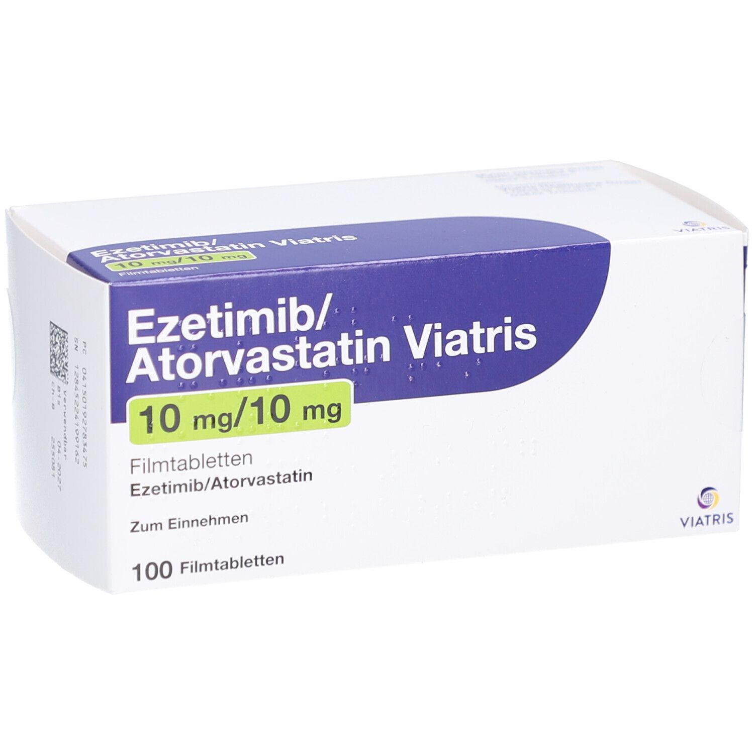 Schachtel EZETIMIB/Atorvastatin Viatris 10 mg/10 mg Filmtab. Blaue und weiße Verpackung. Enthält 100 Filmtabletten. Viatris Logo.