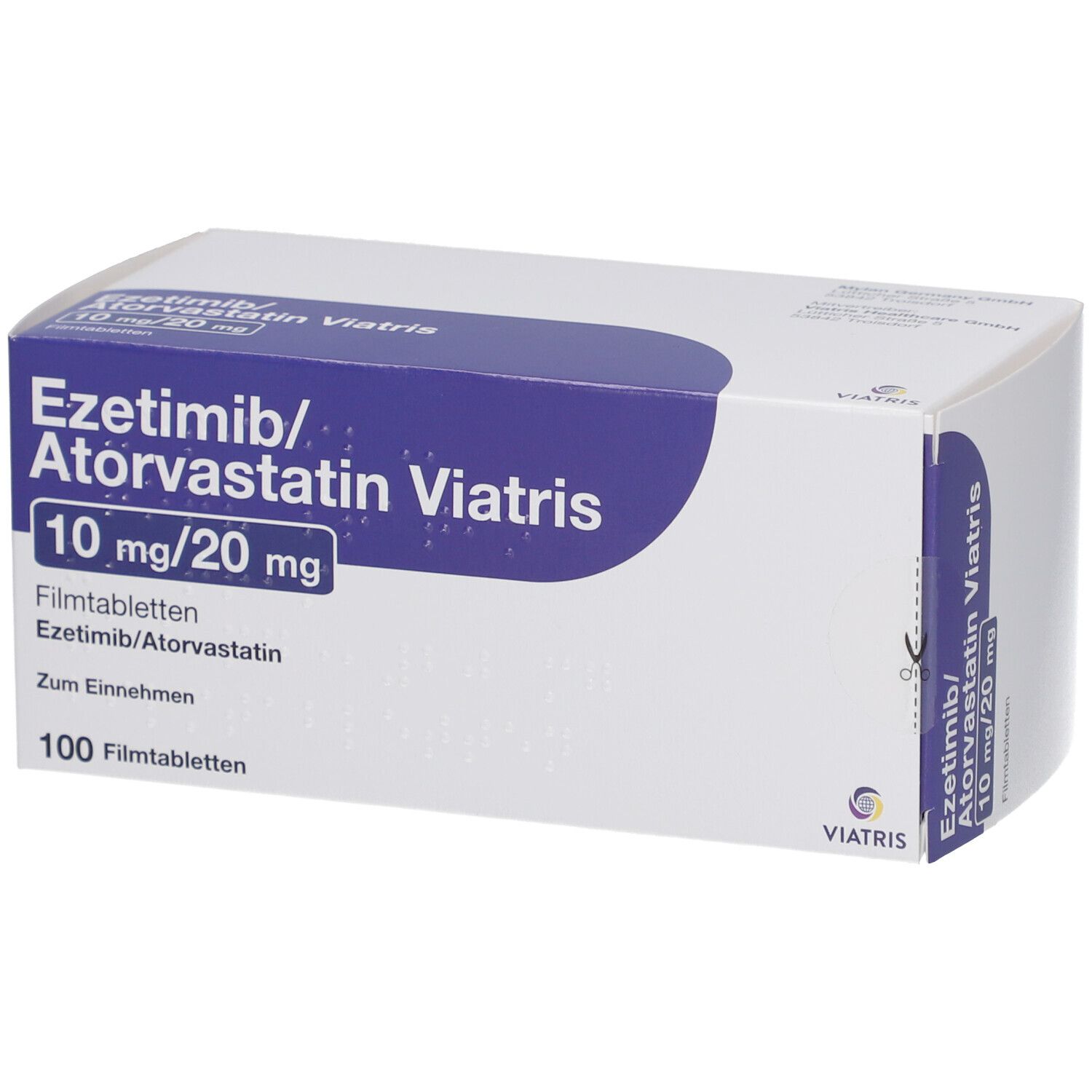 Schachtel mit "Ezetimib/Atorvastatin Viatris 10 mg/20 mg". Blaue und weiße Verpackung. "100 Filmtabletten".