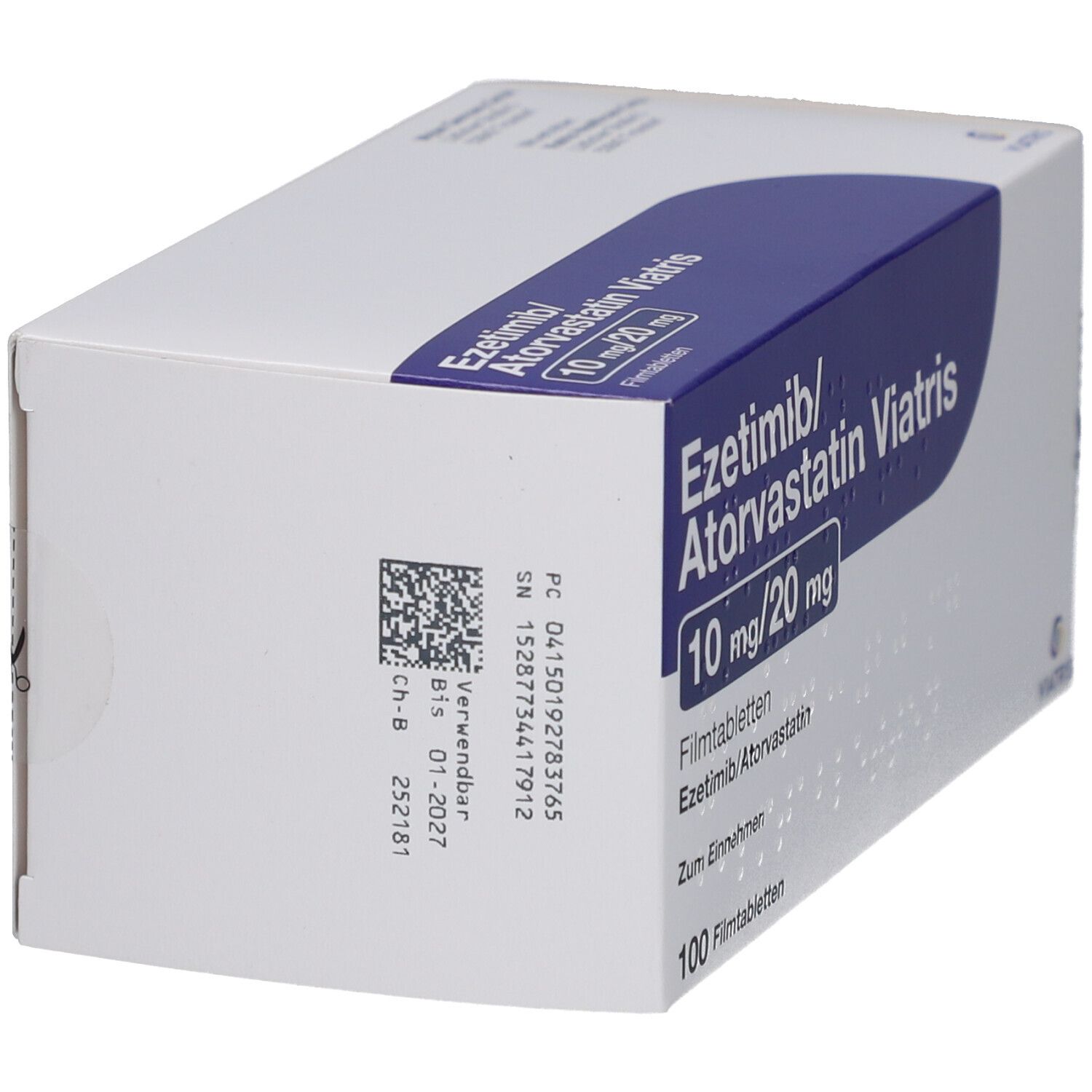 Schachtel "Ezetimib/Atorvastatin Viatris 10 mg/20 mg". Weiße Verpackung mit blauem Streifen. QR-Code und Chargennummer.