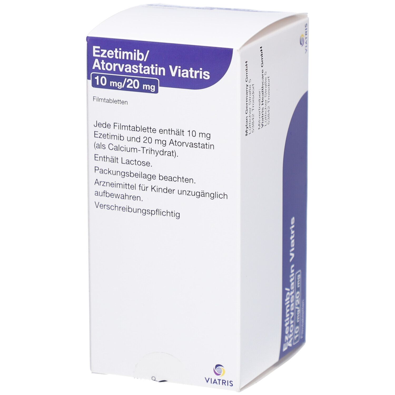 Schachtel "Ezetimib/Atorvastatin Viatris 10 mg/20 mg". Weiße Verpackung mit blauer Markierung. Textinformationen.